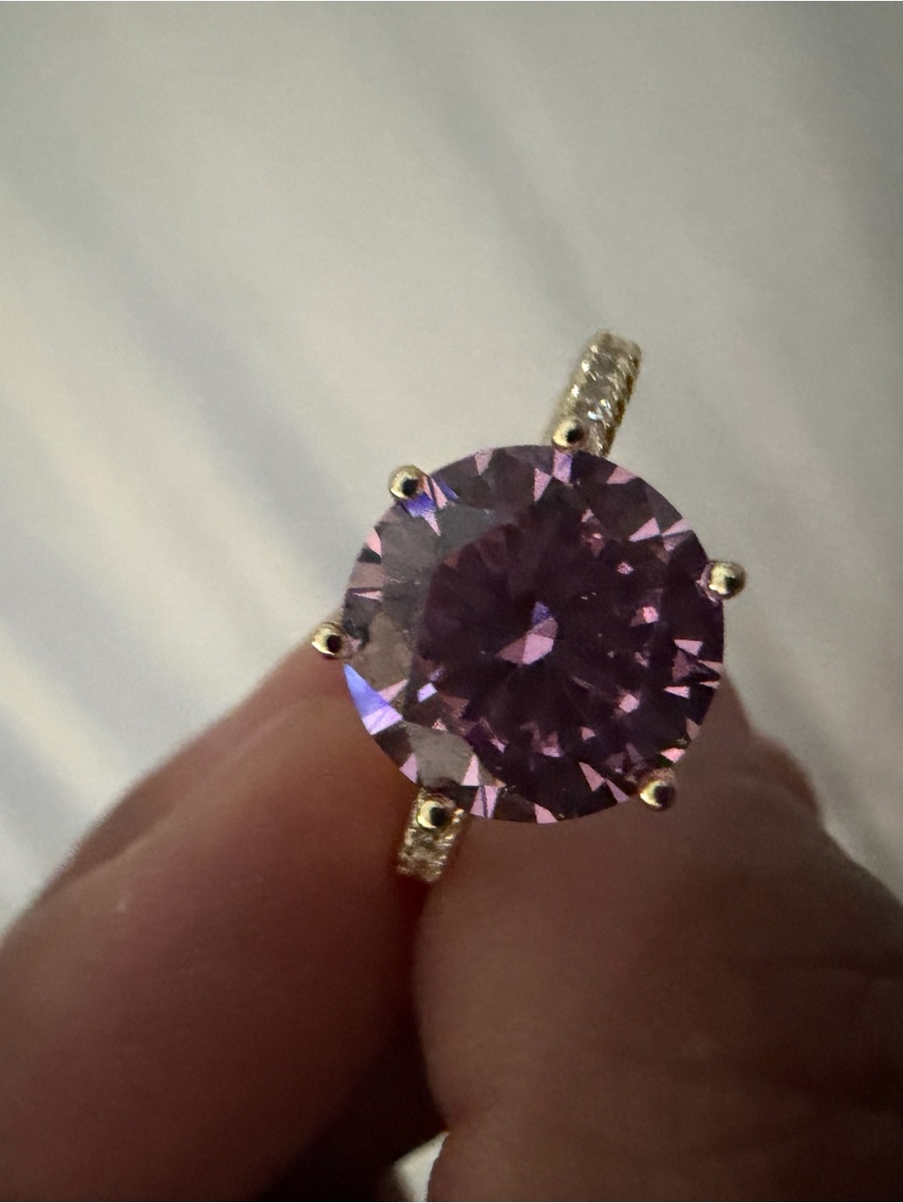 Gold-Tone Ring with Large Purple Pink Round Stone